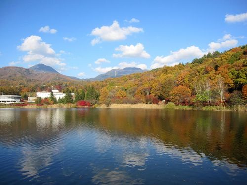 紅葉の蓼科湖と蓼科山（左）、北横岳（右）