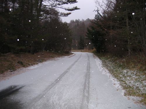 粉雪が舞う山荘近くの道路 08.11.21.16:00